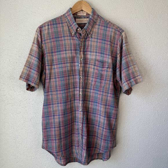 Chaps Ralph Lauren 90s Vintage Gauzy Light Button Plaid Shirt - Pink Mns Large - Picture 1 of 10